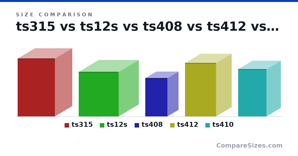 Size comparison of ts315 (65.0 × 39.0 × 42.0 cm), ts12s (50.0 × 45.0 × 45.0 cm), ts408 (43.0 × 25.0 × 25.0 cm), ts412 (60.0 × 35.0 × 35.0 cm) and ts410 (53.0 × 32.0 × 32.0 cm), drawn to scale
