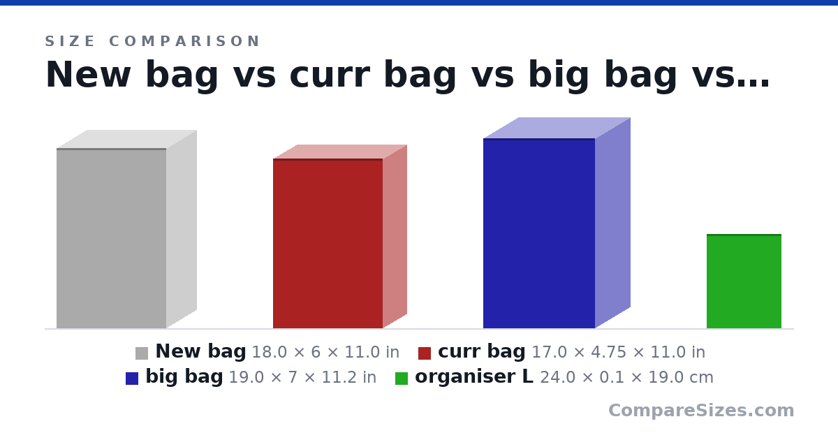Size comparison of New bag (18.0 × 6 × 11.0 in), curr bag (17.0 × 4.75 × 11.0 in), big bag (19.0 × 7 × 11.2 in) and organiser L (24.0 × 0.1 × 19.0 cm), drawn to scale