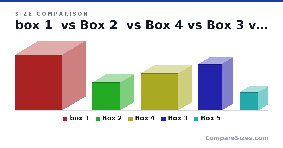 Size comparison of box 1 (600 × 500 × 500 mm), Box 2 (300 × 300 × 300 mm), Box 4 (400 × 300 × 400 mm), Box 3 (500 × 250 × 250 mm) and Box 5 (200 × 200 × 200 mm), drawn to scale