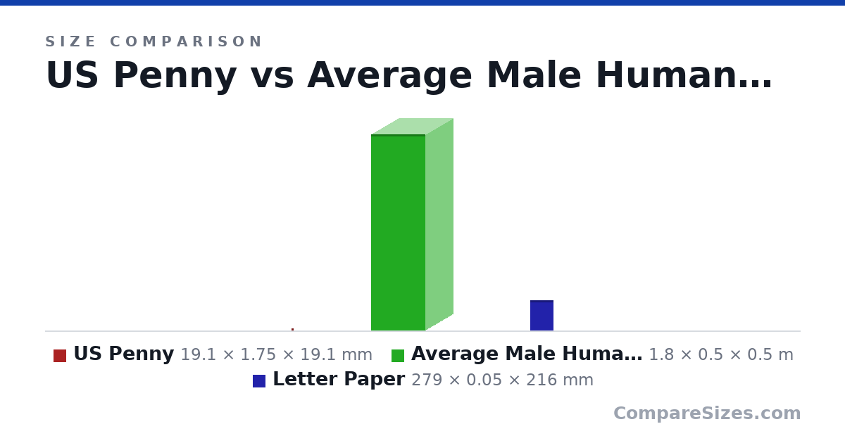 Size comparison of US Penny (19.1 × 1.75 × 19.1 mm), Average Male Human Being (1.8 × 0.5 × 0.5 m) and Letter Paper (279 × 0.05 × 216 mm), drawn to scale