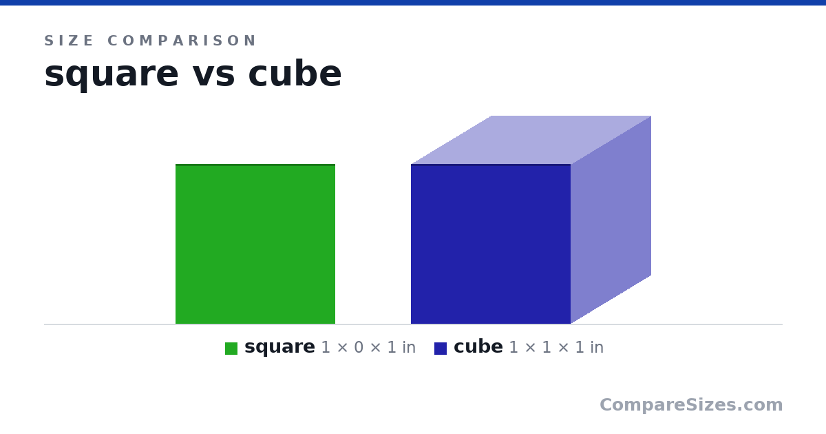 Size comparison of square (1 × 0 × 1 in) and cube (1 × 1 × 1 in), drawn to scale