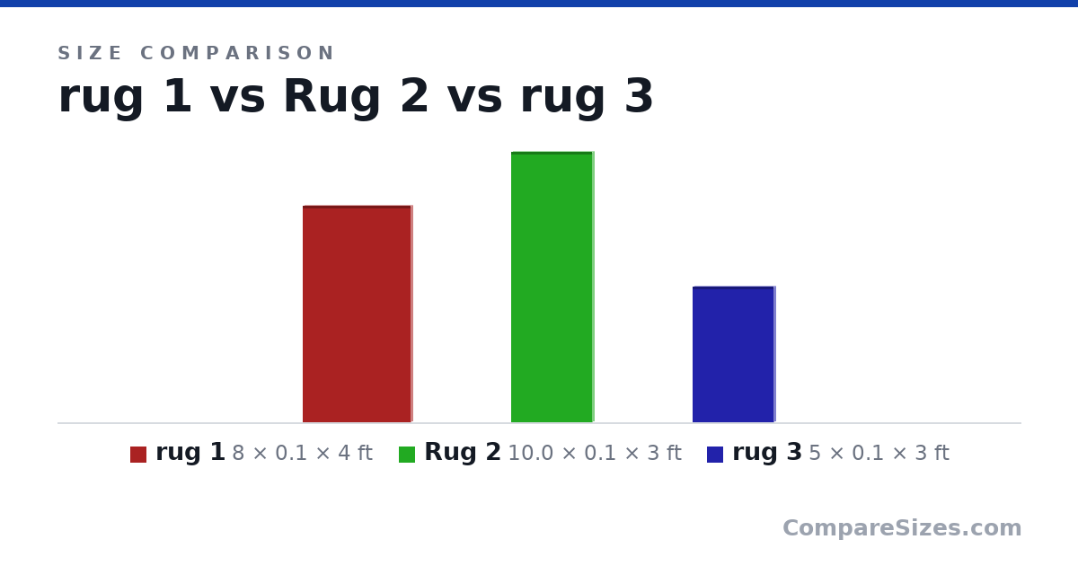 Size comparison of rug 1 (8 × 0.1 × 4 ft), Rug 2 (10.0 × 0.1 × 3 ft) and rug 3 (5 × 0.1 × 3 ft), drawn to scale