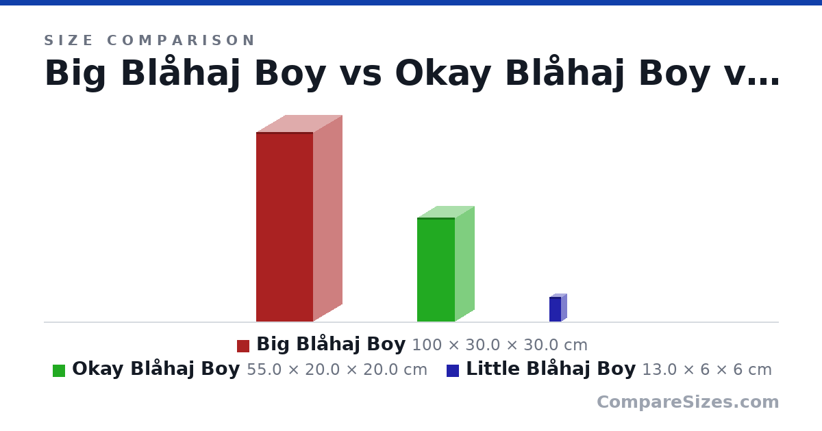 Size comparison of Big Blåhaj Boy (100 × 30.0 × 30.0 cm), Okay Blåhaj Boy (55.0 × 20.0 × 20.0 cm) and Little Blåhaj Boy (13.0 × 6 × 6 cm), drawn to scale