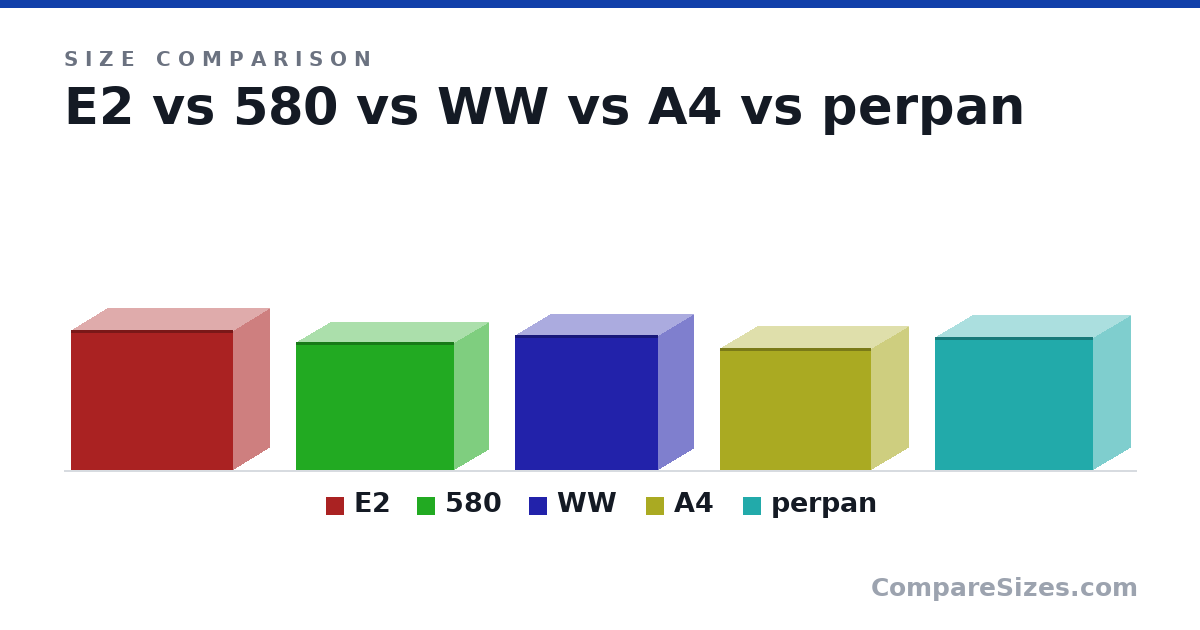 Size comparison of E2 (314 × 165 × 365 mm), 580 (287 × 155 × 357 mm), WW (302 × 160 × 322 mm), A4 (273 × 169 × 340 mm) and perpan (297 × 170 × 357 mm), drawn to scale
