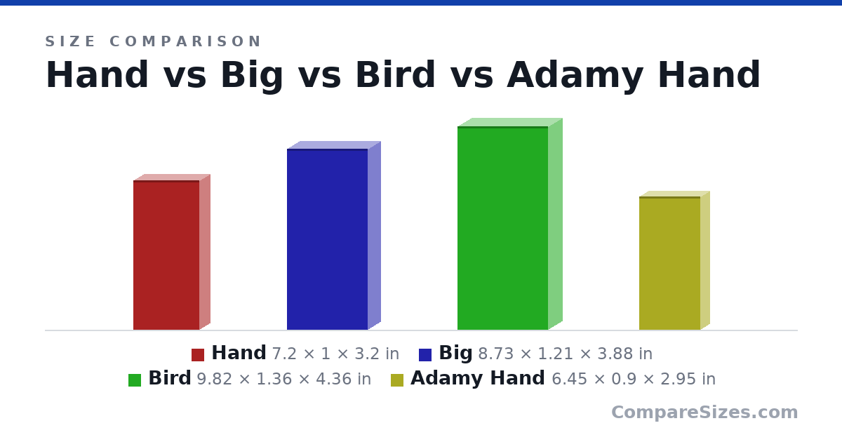 Size comparison of Hand (7.2 × 1 × 3.2 in), Big (8.73 × 1.21 × 3.88 in), Bird (9.82 × 1.36 × 4.36 in) and Adamy Hand (6.45 × 0.9 × 2.95 in), drawn to scale