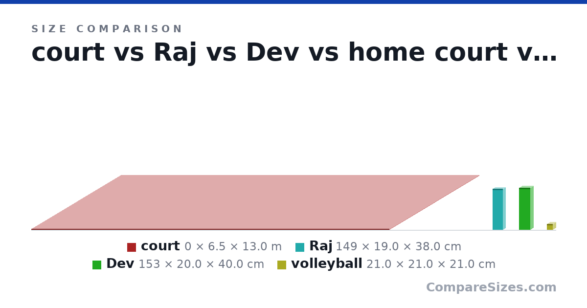 Size comparison of court (0 × 6.5 × 13.0 m), Raj (149 × 19.0 × 38.0 cm), Dev (153 × 20.0 × 40.0 cm), home court (0 × 3.5 × 6.7 m), volleyball (21.0 × 21.0 × 21.0 cm) and normal court (0 × 9 × 18.0 m), drawn to scale