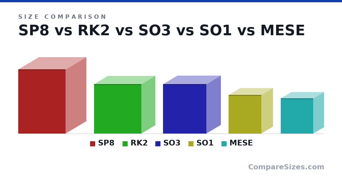 Size comparison of SP8 (456 × 290 × 335 mm), RK2 (350 × 195 × 335 mm), SO3 (350 × 200 × 306 mm), SO1 (274 × 162 × 231 mm) and MESE (250 × 150 × 230 mm), drawn to scale