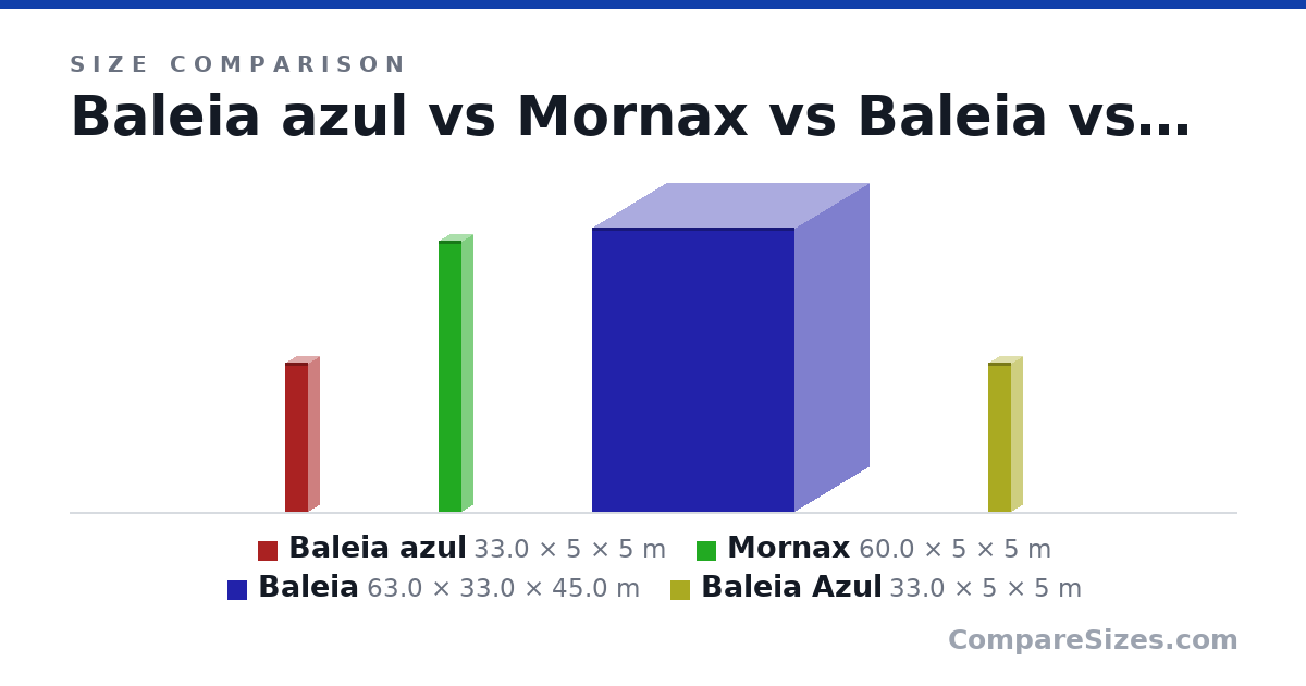 Size comparison of Baleia azul (33.0 × 5 × 5 m), Mornax (60.0 × 5 × 5 m), Baleia (63.0 × 33.0 × 45.0 m) and Baleia Azul (33.0 × 5 × 5 m), drawn to scale