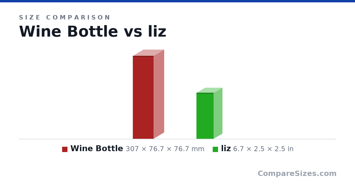 Size comparison of Wine Bottle (307 × 76.7 × 76.7 mm) and liz (6.7 × 2.5 × 2.5 in), drawn to scale