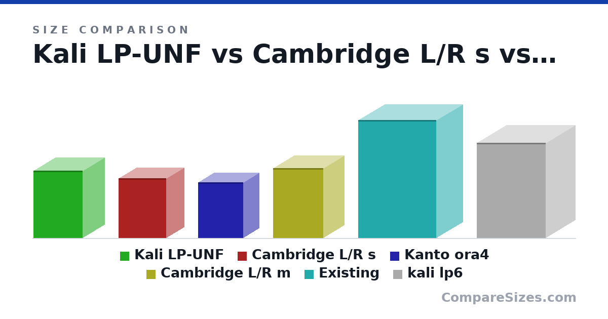 Size comparison of Kali LP-UNF (254 × 166 × 186 mm), Cambridge L/R s (226 × 134 × 180 mm), Kanto ora4 (21.0 × 12.0 × 17.0 cm), Cambridge L/R m (263 × 158 × 190 mm), Existing (44.5 × 20.0 × 29.5 cm) and kali lp6 (35.9 × 22.2 × 26.0 cm), drawn to scale