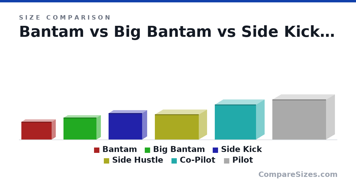 Size comparison of Bantam (5.1 × 2.4 × 8.7 in), Big Bantam (6.25 × 2.5 × 9.5 in), Side Kick (7.5 × 2.8 × 9.6 in), Side Hustle (7.2 × 4.7 × 12.6 in), Co-Pilot (10.0 × 4.9 × 11.8 in) and Pilot (11.4 × 5.1 × 15.4 in), drawn to scale
