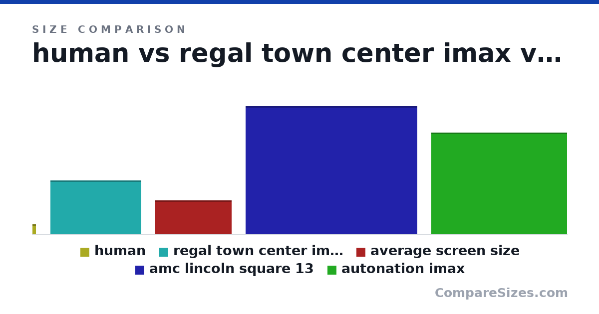 Size comparison of human (69.0 × 10.0 × 24.0 in), regal town center imax (31.8 × 0 × 53.5 ft), average screen size (20.0 × 0 × 45.0 ft), amc lincoln square 13 (75.6 × 0 × 101 ft) and autonation imax (60.0 × 0 × 80.0 ft), drawn to scale