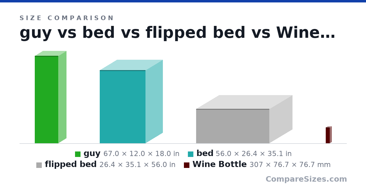 Size comparison of guy (67.0 × 12.0 × 18.0 in), bed (56.0 × 26.4 × 35.1 in), flipped bed (26.4 × 35.1 × 56.0 in) and Wine Bottle (307 × 76.7 × 76.7 mm), drawn to scale