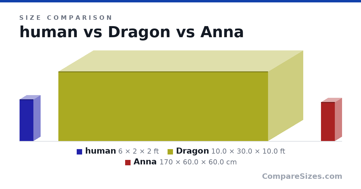 Size comparison of human (6 × 2 × 2 ft), Dragon (10.0 × 30.0 × 10.0 ft) and Anna (170 × 60.0 × 60.0 cm), drawn to scale
