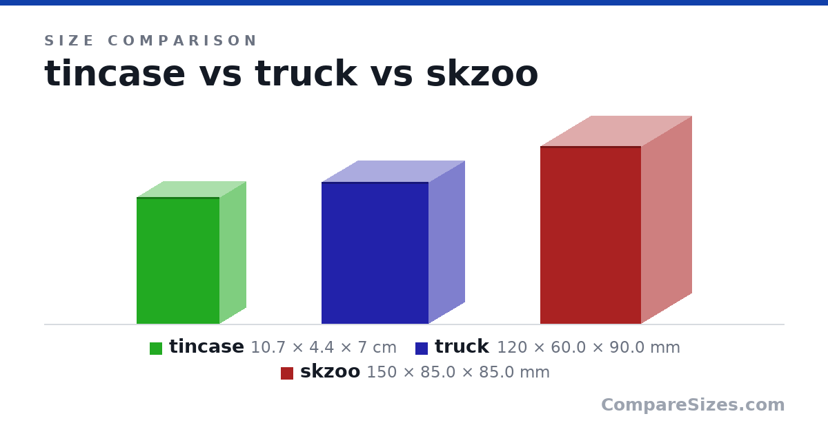 Size comparison of tincase (10.7 × 4.4 × 7 cm), truck (120 × 60.0 × 90.0 mm) and skzoo (150 × 85.0 × 85.0 mm), drawn to scale