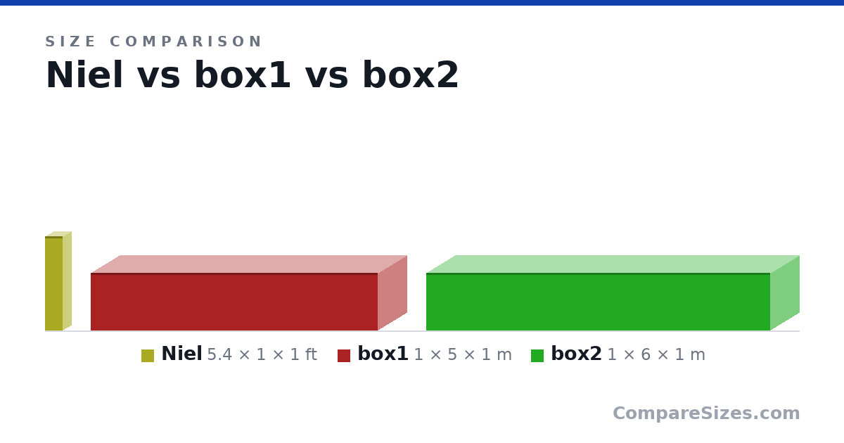 Size comparison of Niel (5.4 × 1 × 1 ft), box1 (1 × 5 × 1 m) and box2 (1 × 6 × 1 m), drawn to scale