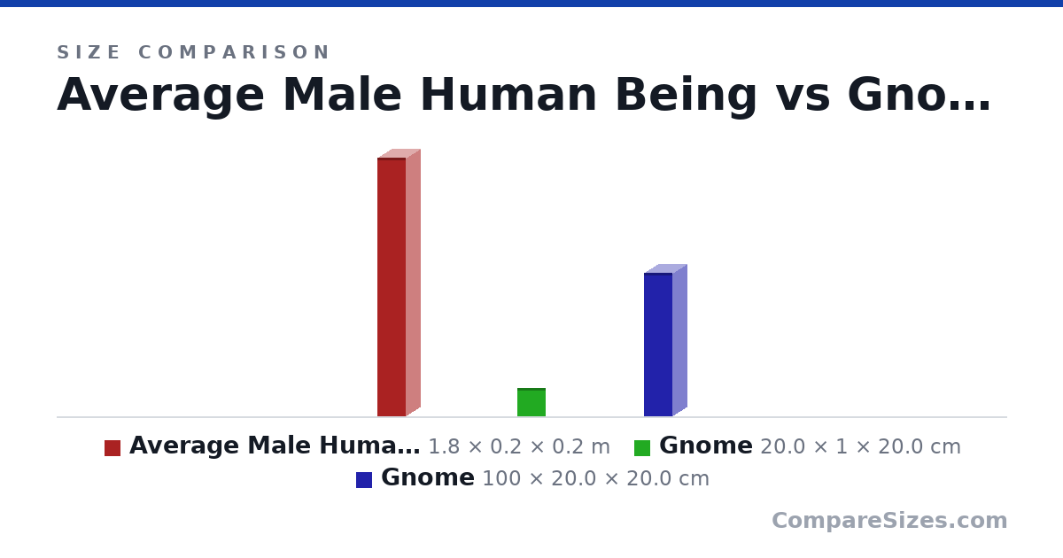 Size comparison of Average Male Human Being (1.8 × 0.2 × 0.2 m), Gnome (20.0 × 1 × 20.0 cm) and Gnome (100 × 20.0 × 20.0 cm), drawn to scale