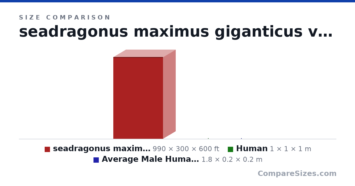 Size comparison of seadragonus maximus giganticus (990 × 300 × 600 ft), Human (1 × 1 × 1 m) and Average Male Human Being (1.8 × 0.2 × 0.2 m), drawn to scale