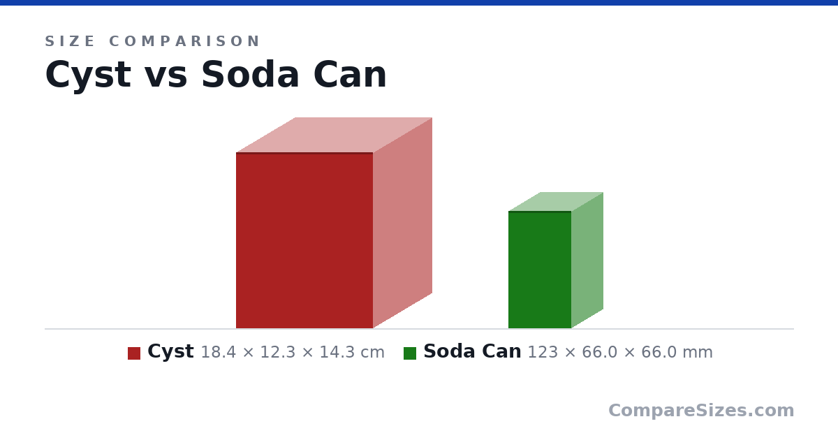 Size comparison of Cyst (18.4 × 12.3 × 14.3 cm) and Soda Can (123 × 66.0 × 66.0 mm), drawn to scale