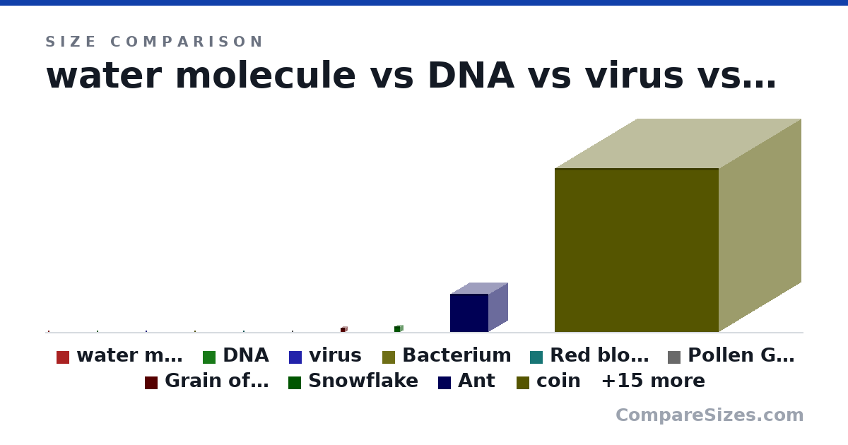 Size comparison of water molecule (0.7 × 0.6 × 0.6 nm), DNA (0 × 0 × 0 m), virus (830 × 800 × 830 nm), Bacterium (1,000 × 1,000 × 1,000 nm), Red blood cell (7 × 7 × 7 um), Pollen Grain (50.0 × 50.0 × 50.0 um), and 19 more, drawn to scale