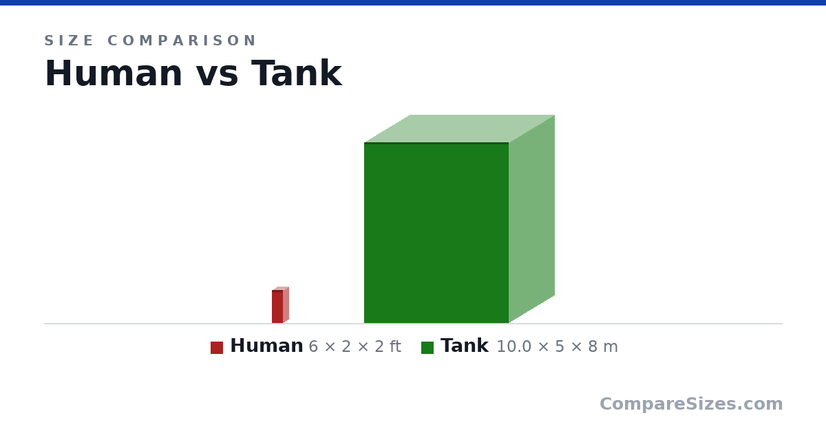 Size comparison of Human (6 × 2 × 2 ft) and Tank (10.0 × 5 × 8 m), drawn to scale