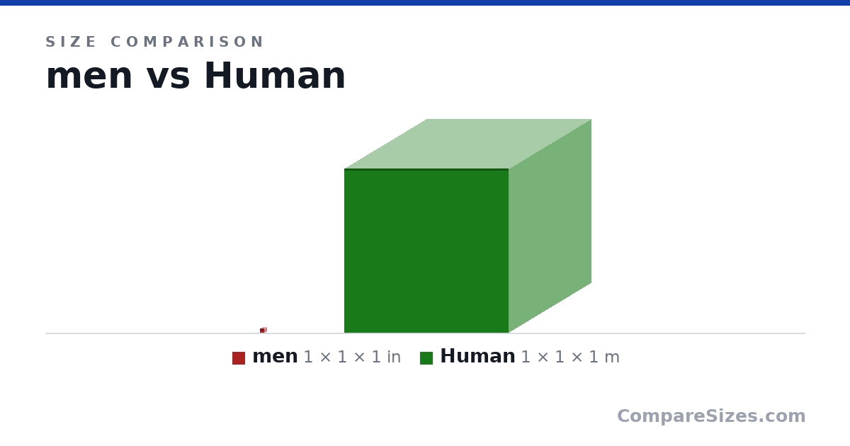 Size comparison of men (1 × 1 × 1 in) and Human (1 × 1 × 1 m), drawn to scale