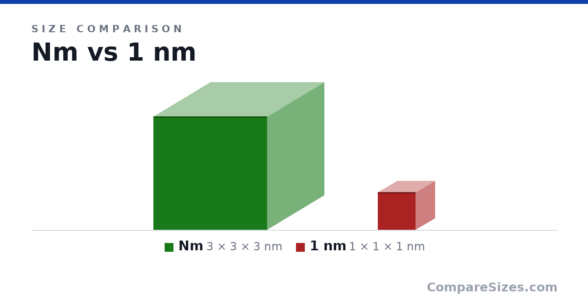 Size comparison of Nm (3 × 3 × 3 nm) and 1 nm (1 × 1 × 1 nm), drawn to scale