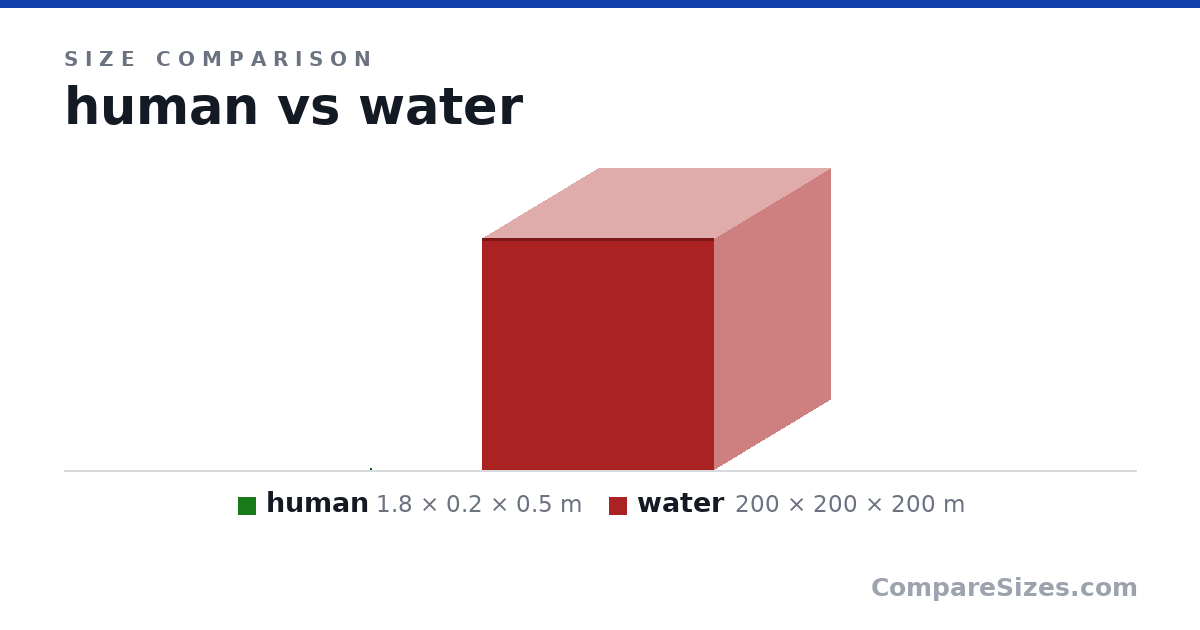 Size comparison of human (1.8 × 0.2 × 0.5 m) and water (200 × 200 × 200 m), drawn to scale
