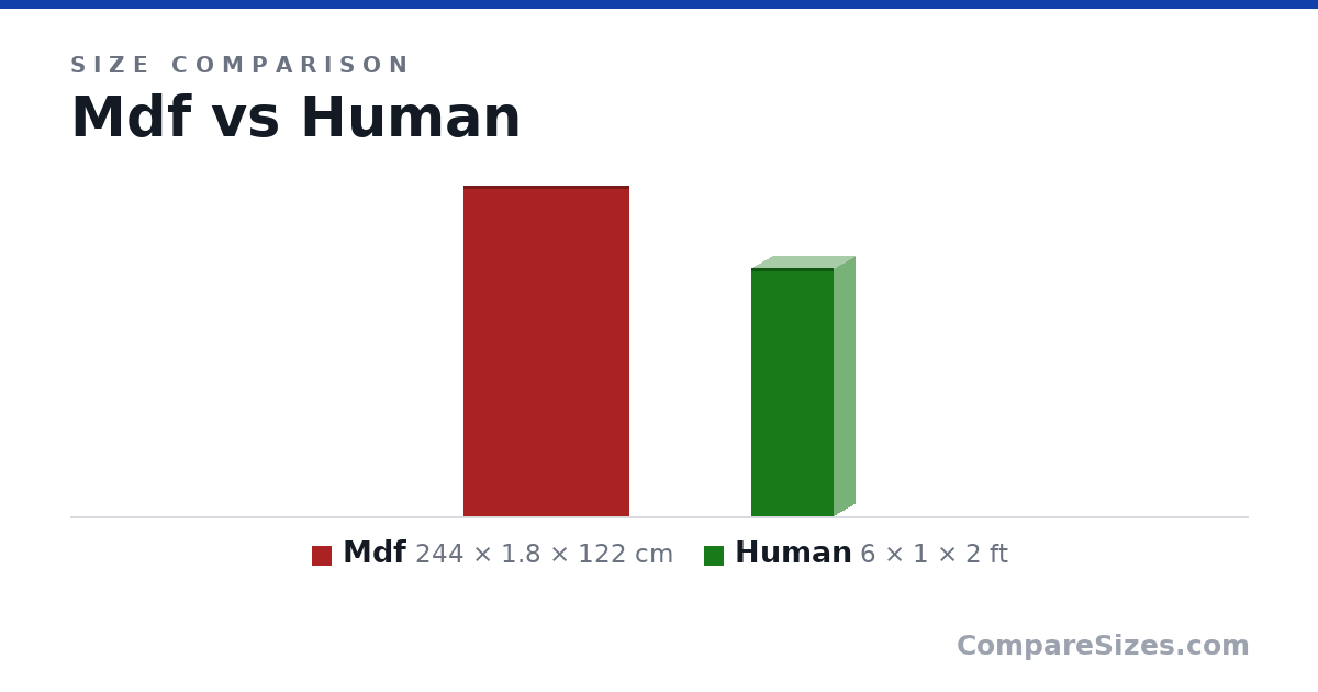 Size comparison of Mdf (244 × 1.8 × 122 cm) and Human (6 × 1 × 2 ft), drawn to scale