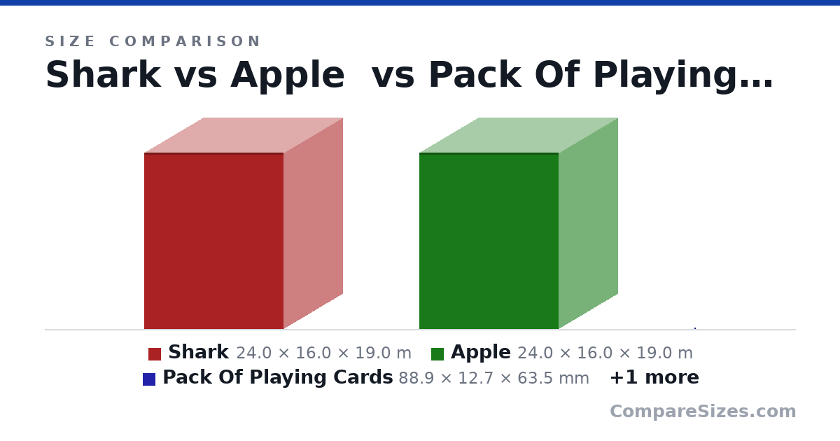 Size comparison of Shark (24.0 × 16.0 × 19.0 m), Apple (24.0 × 16.0 × 19.0 m), Pack Of Playing Cards (88.9 × 12.7 × 63.5 mm) and Pack Of Playing Cards (88.9 × 12.7 × 63.5 mm), drawn to scale