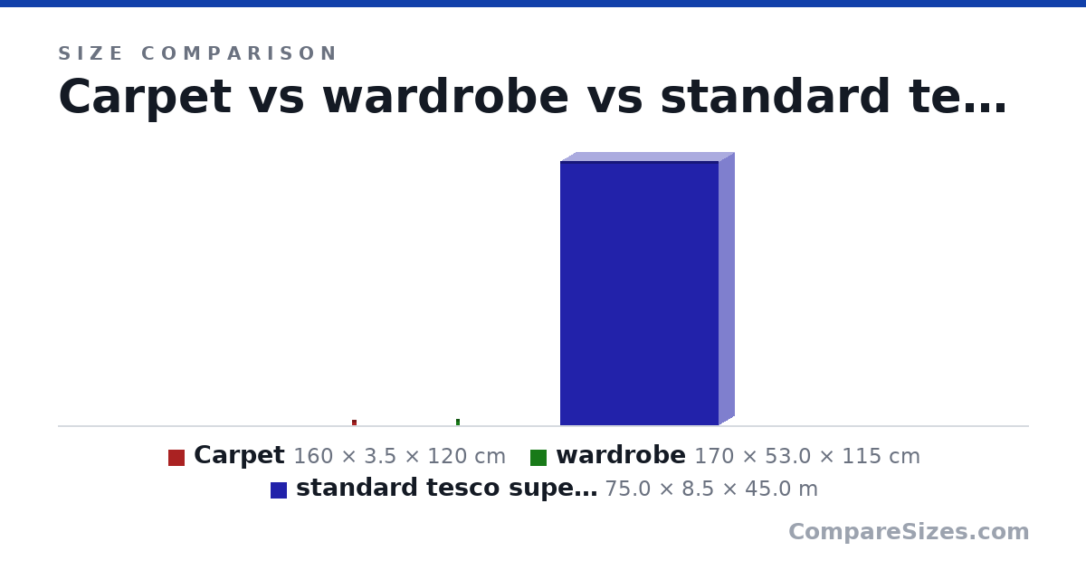 Size comparison of Carpet (160 × 3.5 × 120 cm), wardrobe (170 × 53.0 × 115 cm) and standard tesco superstore (75.0 × 8.5 × 45.0 m), drawn to scale