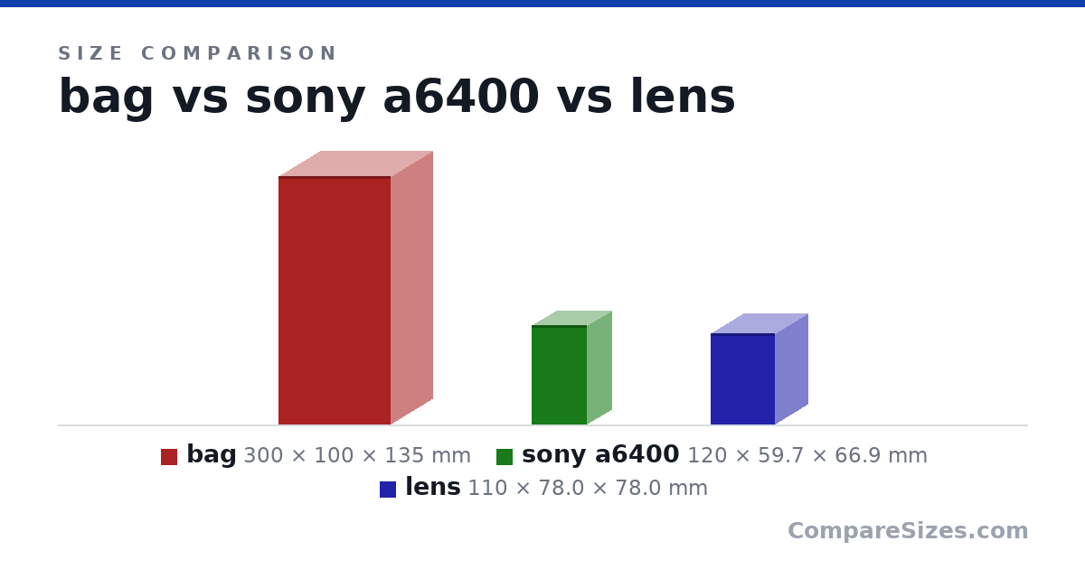 Size comparison of bag (300 × 100 × 135 mm), sony a6400 (120 × 59.7 × 66.9 mm) and lens (110 × 78.0 × 78.0 mm), drawn to scale