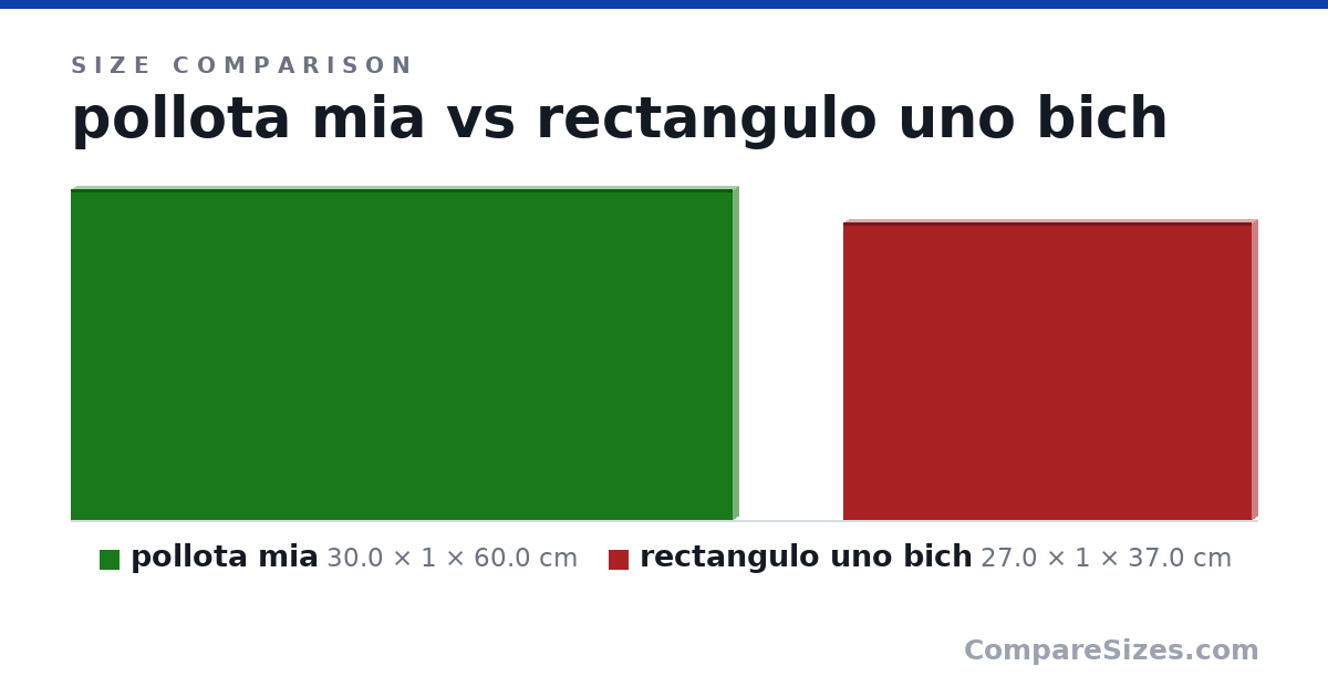 Size comparison of pollota mia (30.0 × 1 × 60.0 cm) and rectangulo uno bich (27.0 × 1 × 37.0 cm), drawn to scale