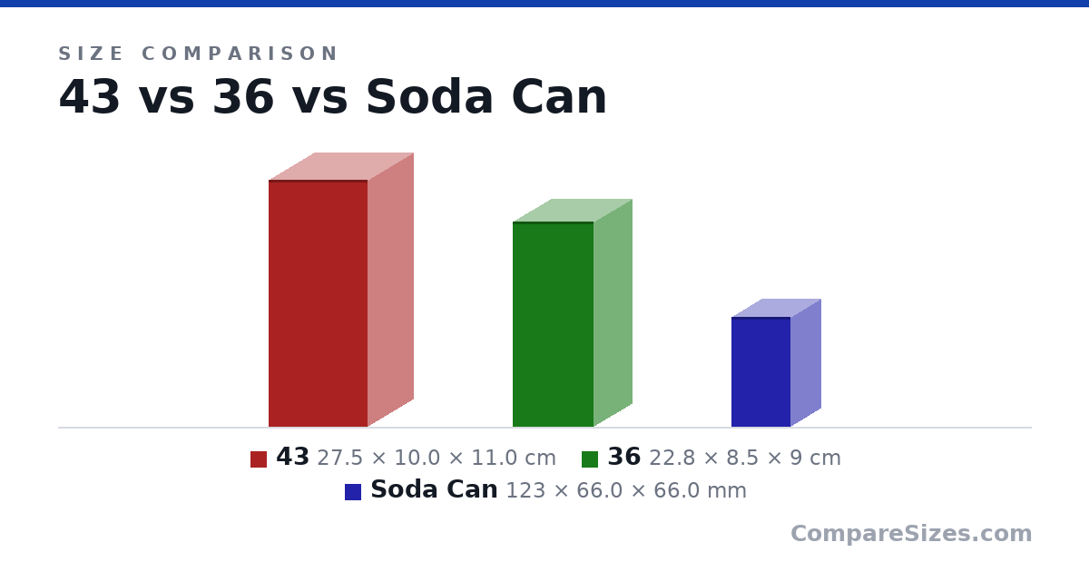 Size comparison of 43 (27.5 × 10.0 × 11.0 cm), 36 (22.8 × 8.5 × 9 cm) and Soda Can (123 × 66.0 × 66.0 mm), drawn to scale