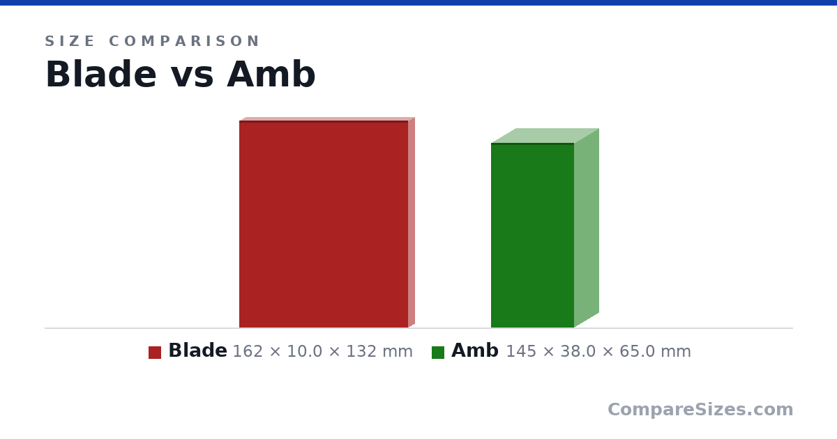 Size comparison of Blade (162 × 10.0 × 132 mm) and Amb (145 × 38.0 × 65.0 mm), drawn to scale