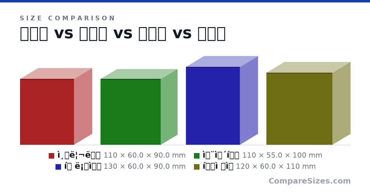 Size comparison of ì¸ë¦¬ë (110 × 60.0 × 90.0 mm), ì¨ì´í (110 × 55.0 × 100 mm), í ë¡ì (130 × 60.0 × 90.0 mm) and íì ì  (120 × 60.0 × 110 mm), drawn to scale