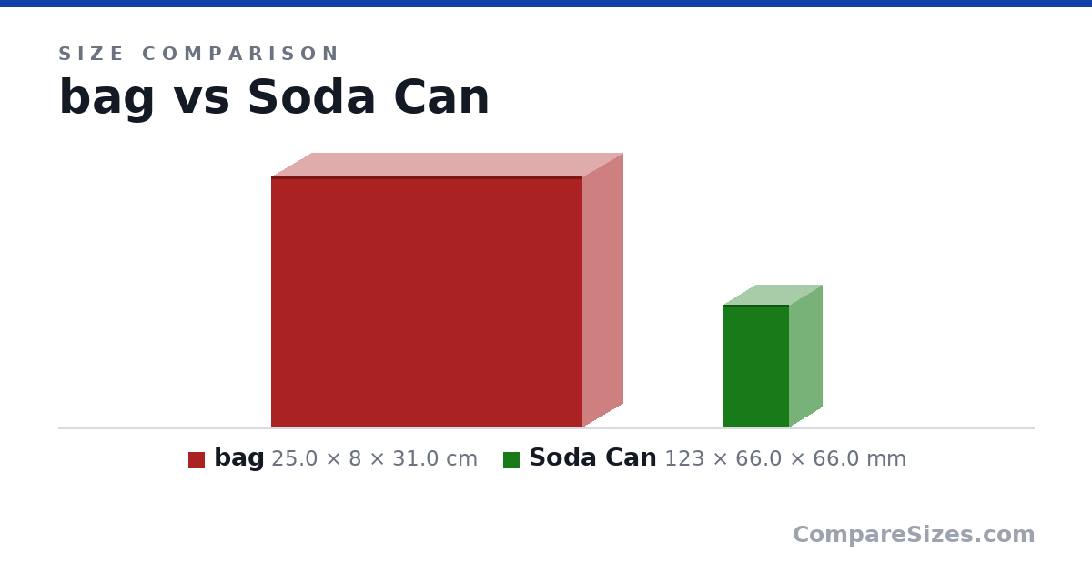 Size comparison of bag (25.0 × 8 × 31.0 cm) and Soda Can (123 × 66.0 × 66.0 mm), drawn to scale