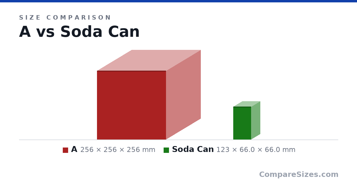 Size comparison of A (256 × 256 × 256 mm) and Soda Can (123 × 66.0 × 66.0 mm), drawn to scale