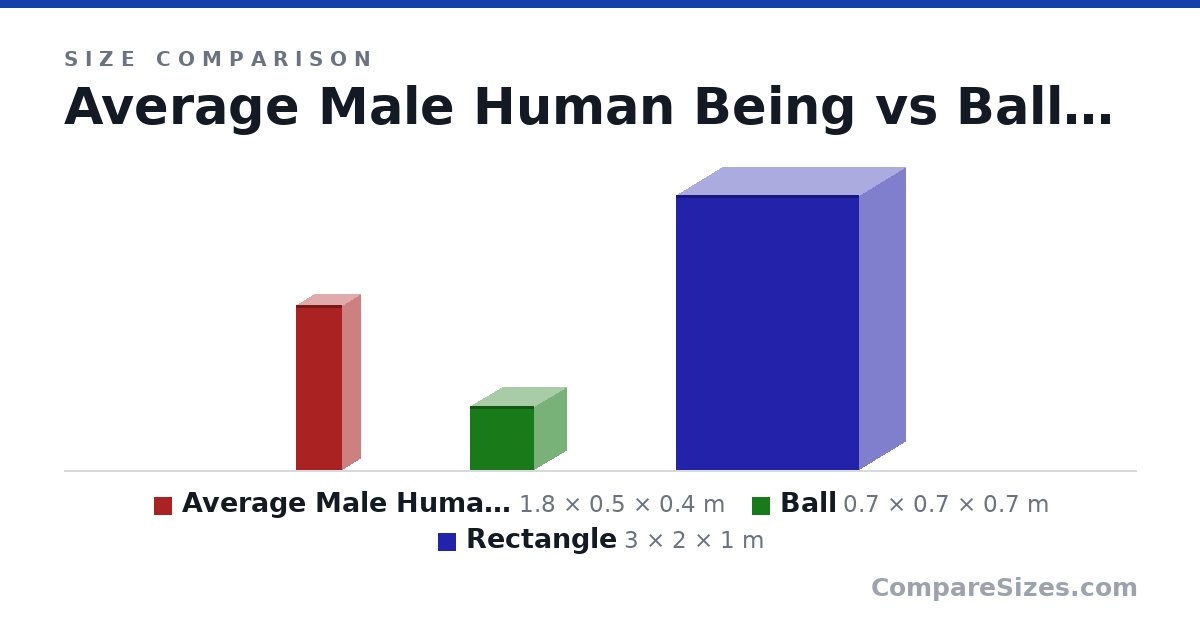 Size comparison of Average Male Human Being (1.8 × 0.5 × 0.4 m), Ball (0.7 × 0.7 × 0.7 m) and Rectangle (3 × 2 × 1 m), drawn to scale