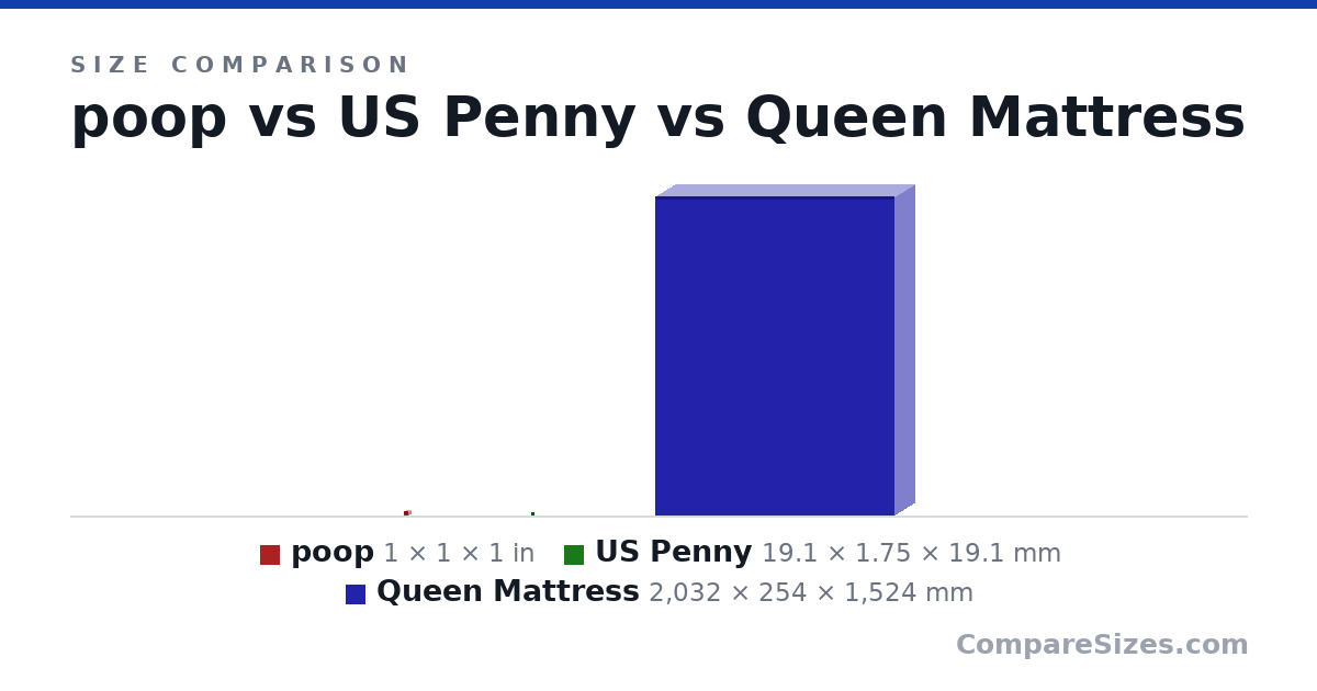 Size comparison of poop (1 × 1 × 1 in), US Penny (19.1 × 1.75 × 19.1 mm) and Queen Mattress (2,032 × 254 × 1,524 mm), drawn to scale