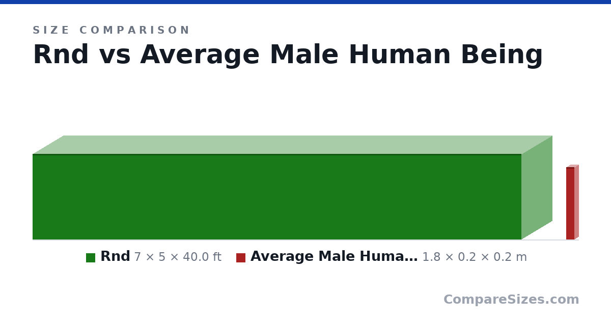 Size comparison of Rnd (7 × 5 × 40.0 ft) and Average Male Human Being (1.8 × 0.2 × 0.2 m), drawn to scale