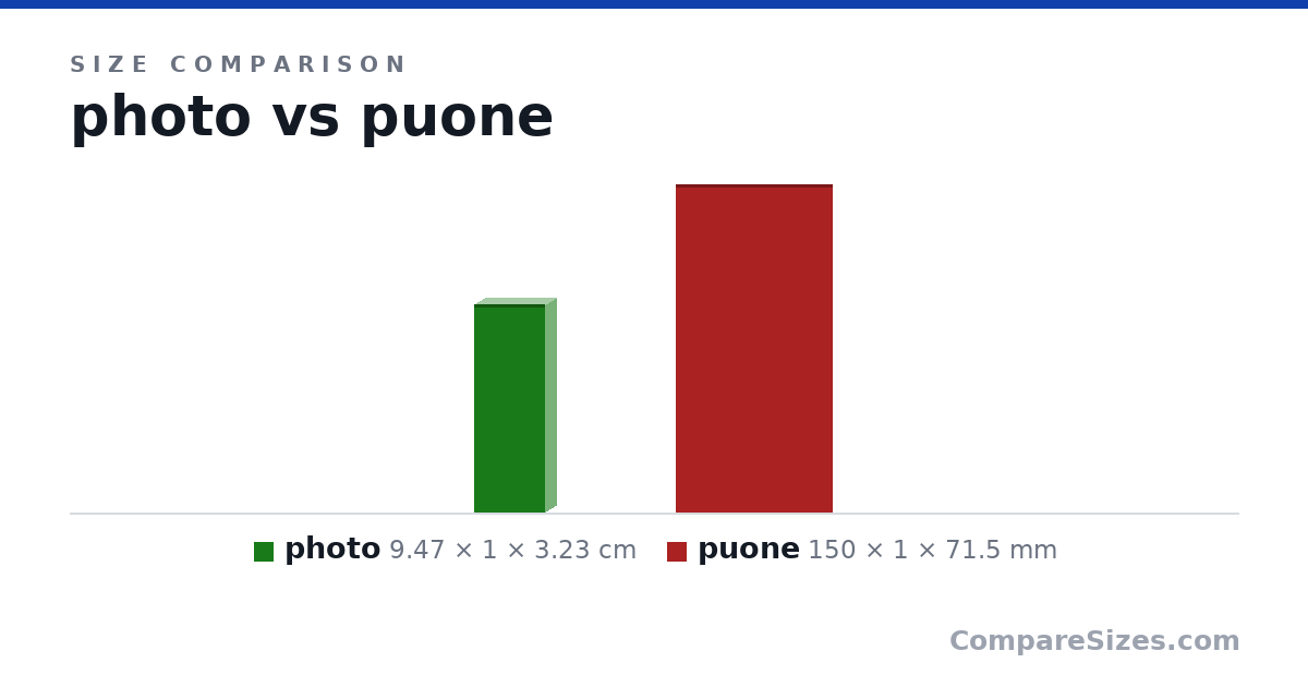 Size comparison of photo (9.47 × 1 × 3.23 cm) and puone (150 × 1 × 71.5 mm), drawn to scale