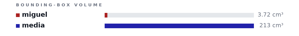 Bounding-box volumes as bars: miguel 3.72 cm³, media 213 cm³