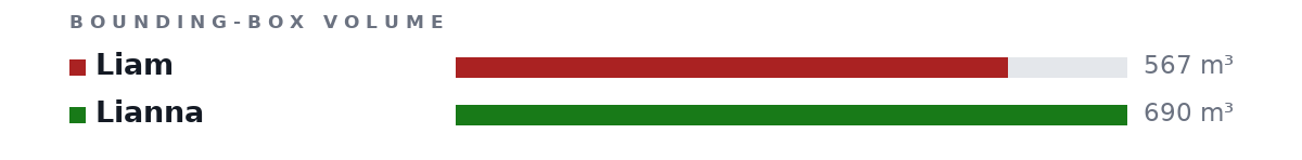 Bounding-box volumes as bars: Liam 567 m³, Lianna 690 m³